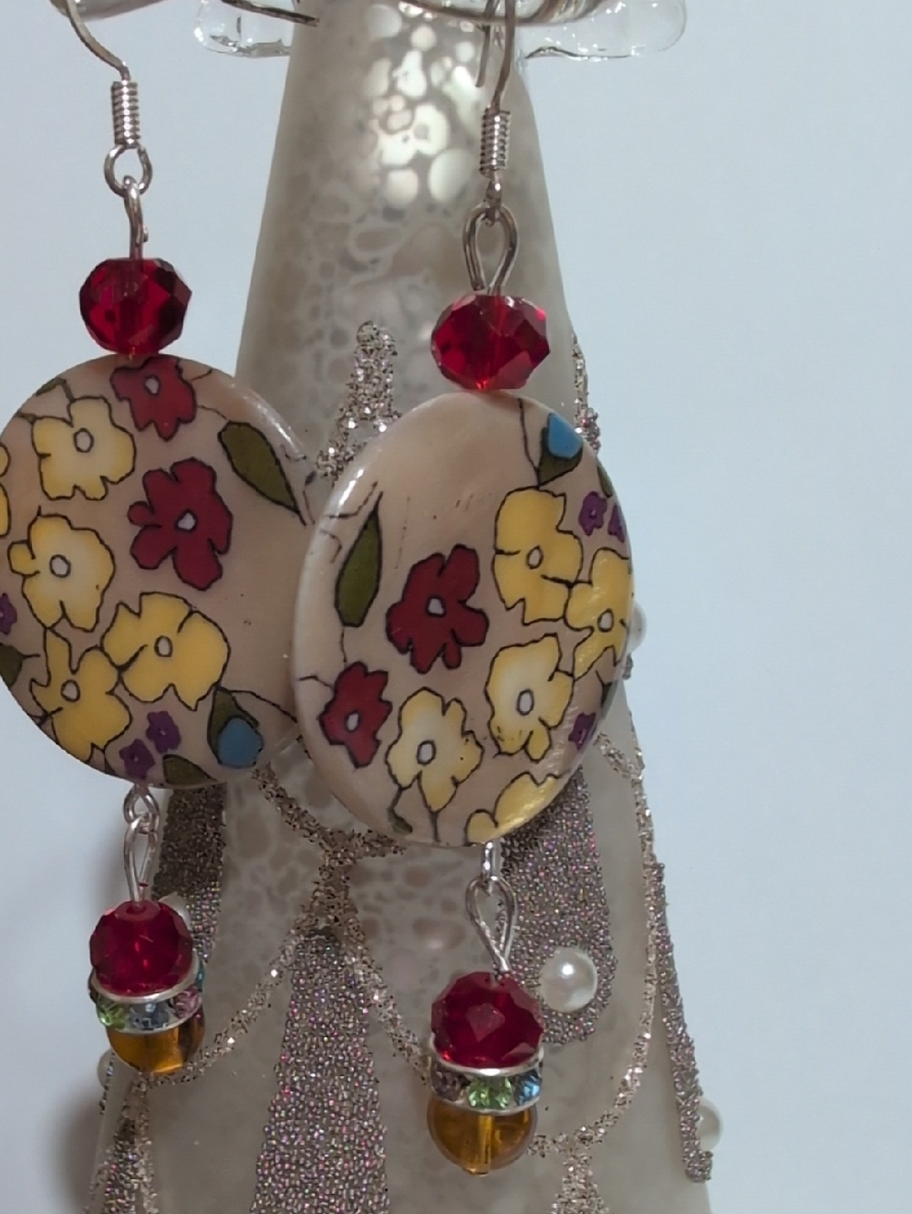 NWOT Handmade Floral Drop Earrings in Beige, Red, yellow and green